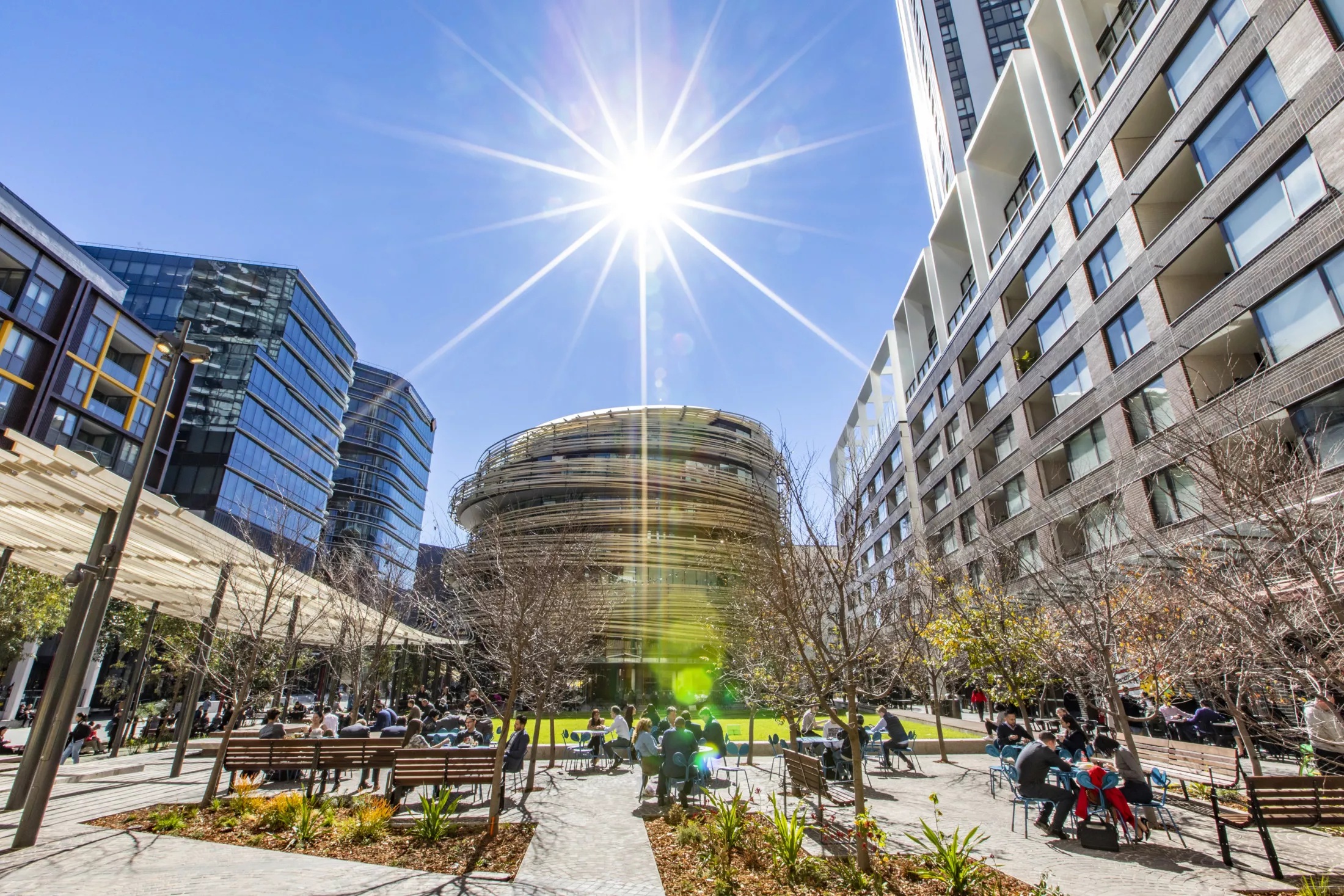 Contemporary urban space at Darling Square with distinctive architecture and public seating